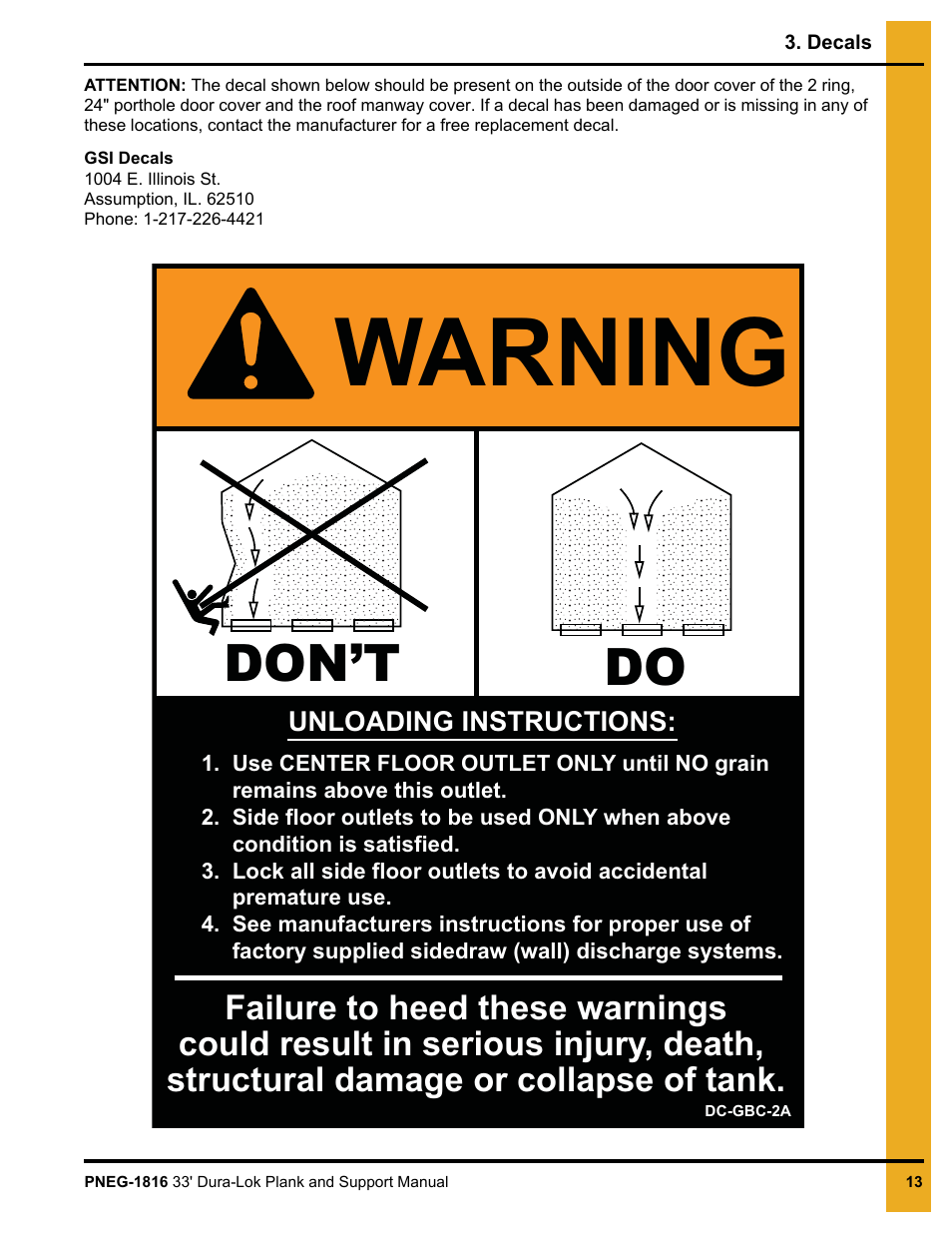 Warning, Don’t do | Grain Systems Bin Flooring PNEG-1816 User Manual | Page 13 / 42