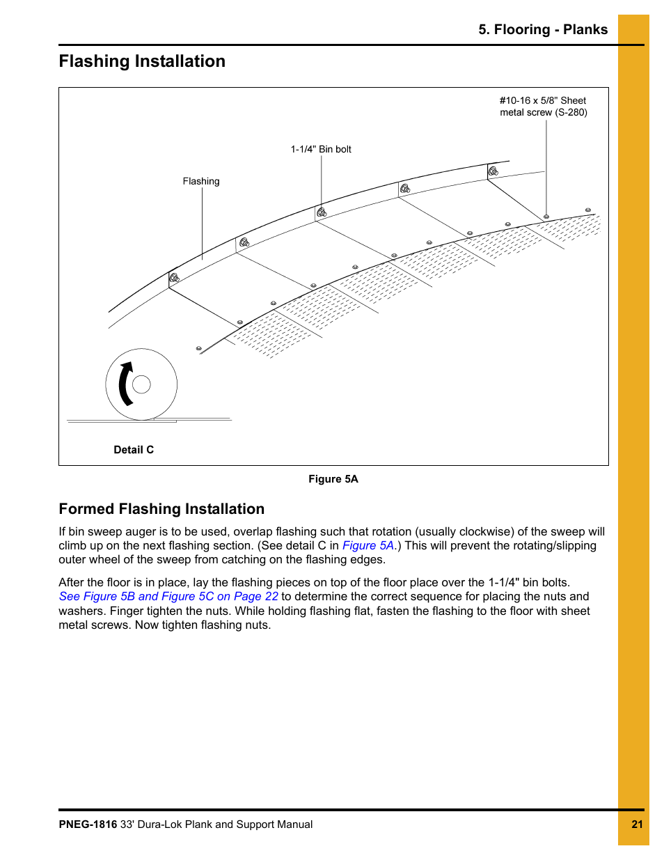 Flooring - planks, Chapter 5 flooring - planks, Flashing installation | Formed flashing installation | Grain Systems Bin Flooring PNEG-1816 User Manual | Page 21 / 42