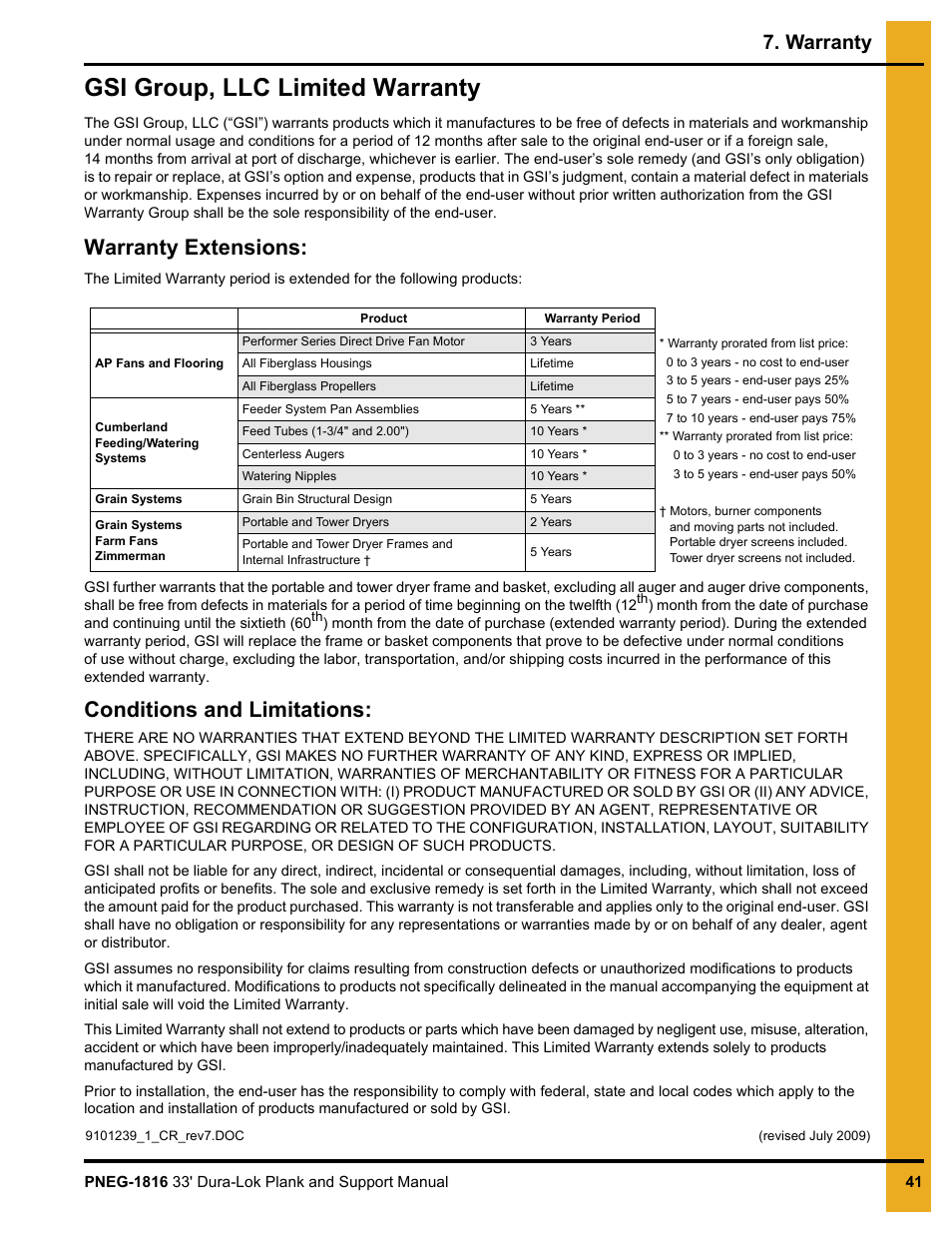 Warranty, Gsi group, llc limited warranty, Warranty extensions | Conditions and limitations | Grain Systems Bin Flooring PNEG-1816 User Manual | Page 41 / 42