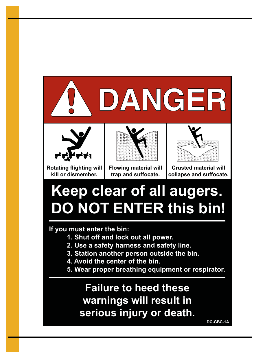 Keep clear of all augers. do not enter this bin | Grain Systems Bin Accessories PNEG-1088 User Manual | Page 12 / 30