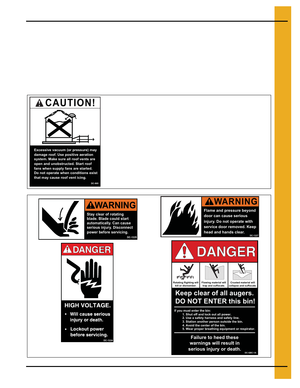 Decals, Chapter 2 decals, Caution | Warning, Keep clear of all augers. do not enter this bin | Grain Systems PNEG-823 User Manual | Page 9 / 42