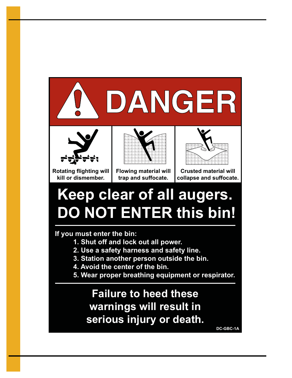 Keep clear of all augers. do not enter this bin | Grain Systems Tanks PNEG-1880 User Manual | Page 12 / 30