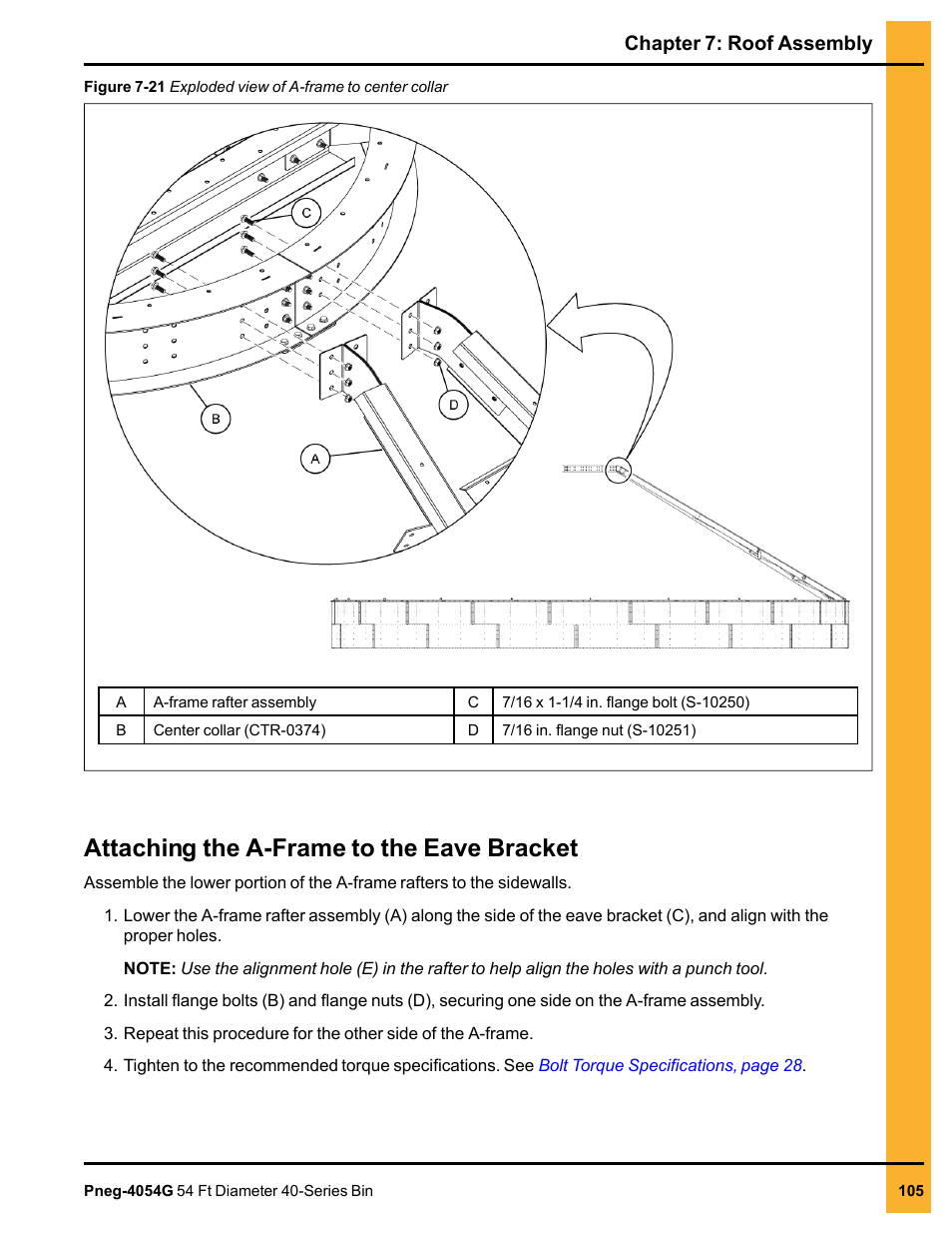 Attaching the a-frame to the eave bracket, Chapter 7: roof assembly | Grain Systems Tanks PNEG-4054G User Manual | Page 105 / 168