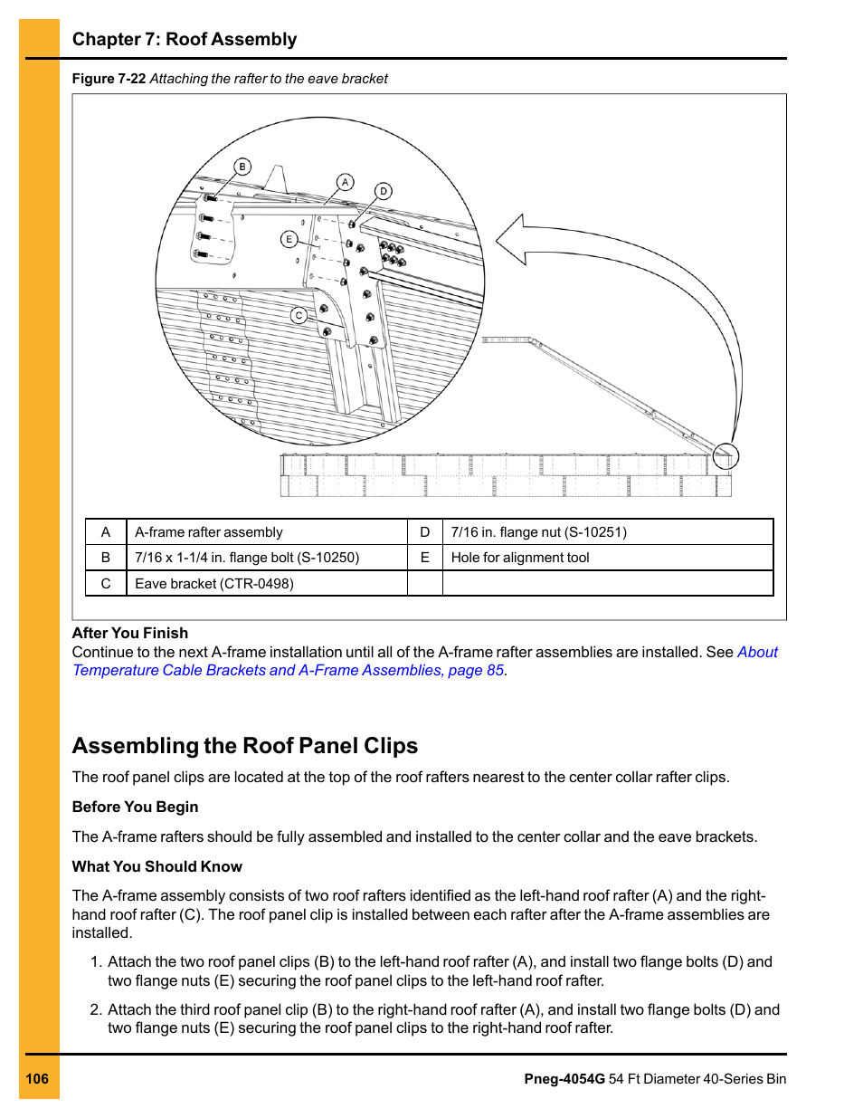 Assembling the roof panel clips, Chapter 7: roof assembly | Grain Systems Tanks PNEG-4054G User Manual | Page 106 / 168