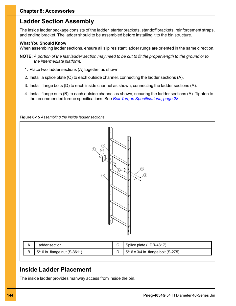 Ladder section assembly, Inside ladder placement, Ladder section assembly inside ladder placement | Grain Systems Tanks PNEG-4054G User Manual | Page 144 / 168
