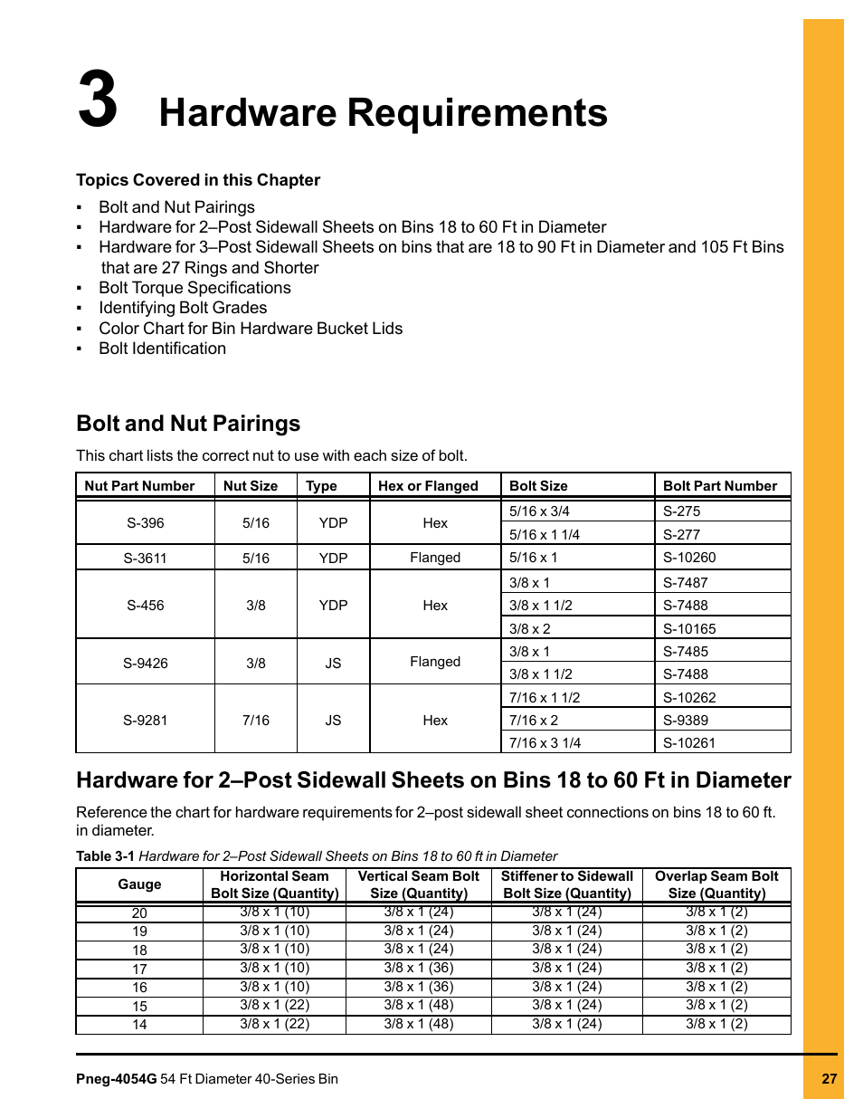 Chapter 3 hardware requirements, Bolt and nut pairings, Chapter 3 | Hardware requirements | Grain Systems Tanks PNEG-4054G User Manual | Page 27 / 168
