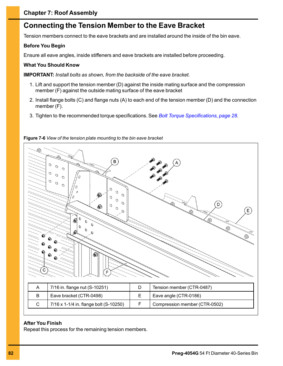 Connecting the tension member to the eave bracket, Chapter 7: roof assembly | Grain Systems Tanks PNEG-4054G User Manual | Page 82 / 168