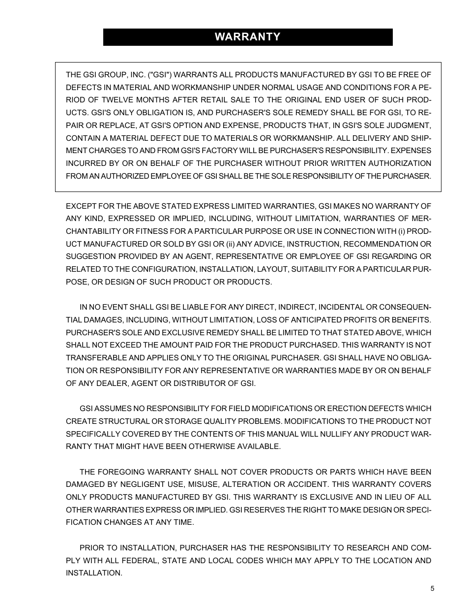 Warranty | Grain Systems PNEG-582 User Manual | Page 5 / 26