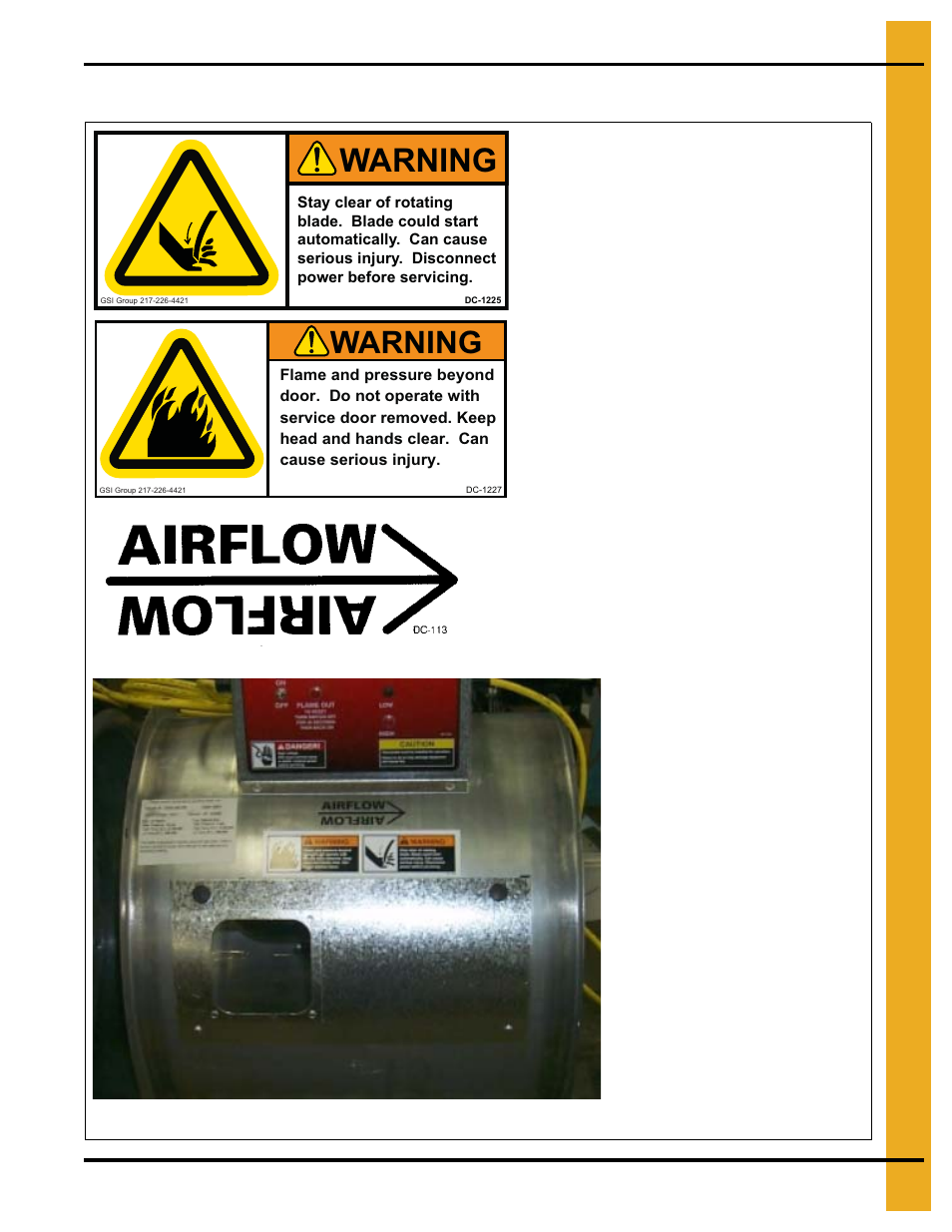 Heater access door decals, Warning | Grain Systems PNEG-012 User Manual | Page 7 / 46