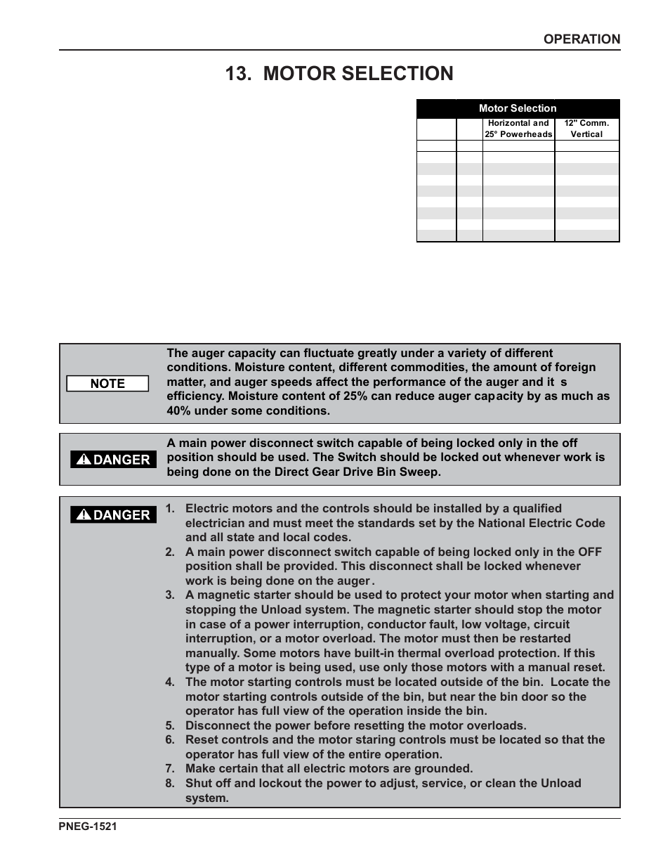 Motor selection, Operation | Grain Systems Unload Augers PNEG-1521 User Manual | Page 35 / 64