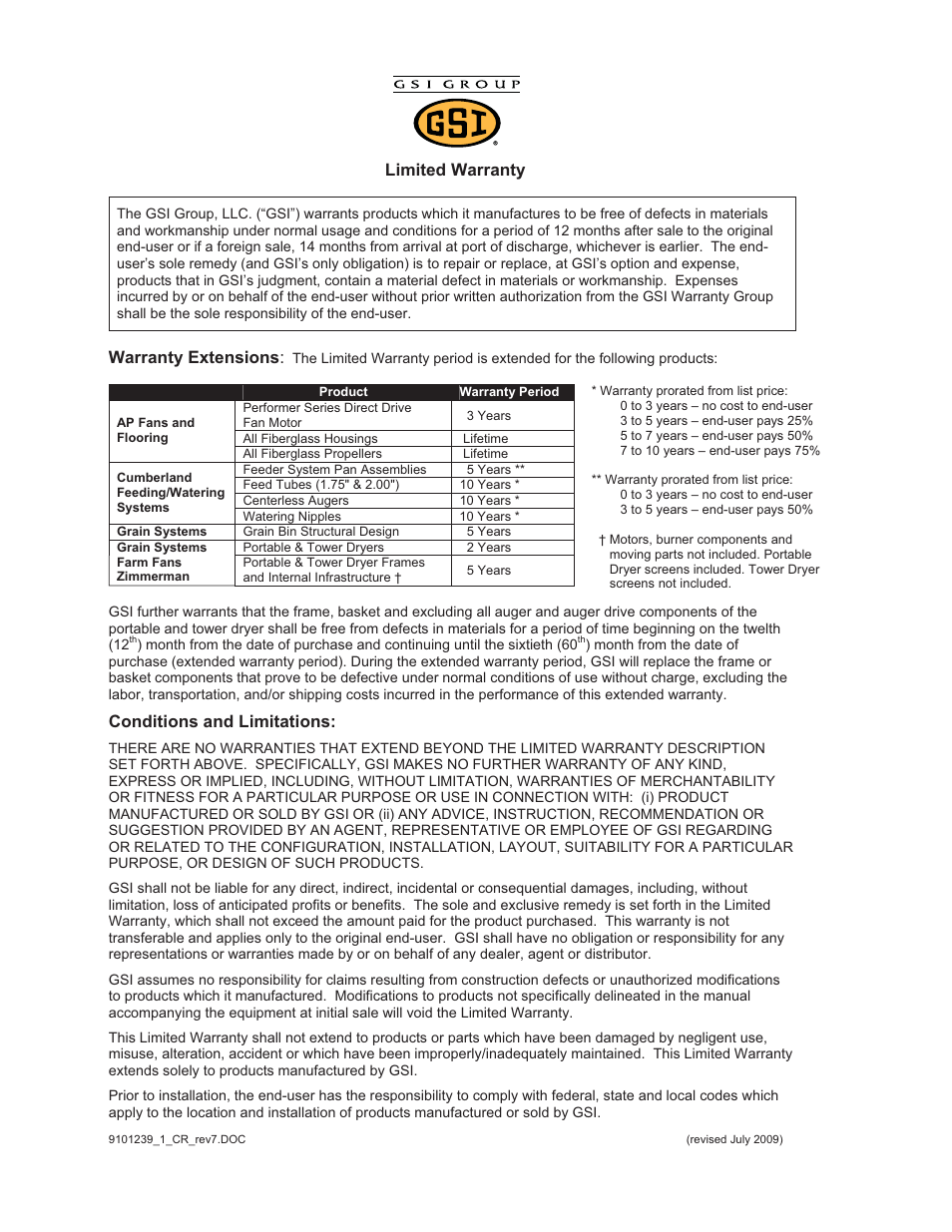 Limited warranty, Warranty extensions, Conditions and limitations | Grain Systems Unload Augers PNEG-1521 User Manual | Page 63 / 64