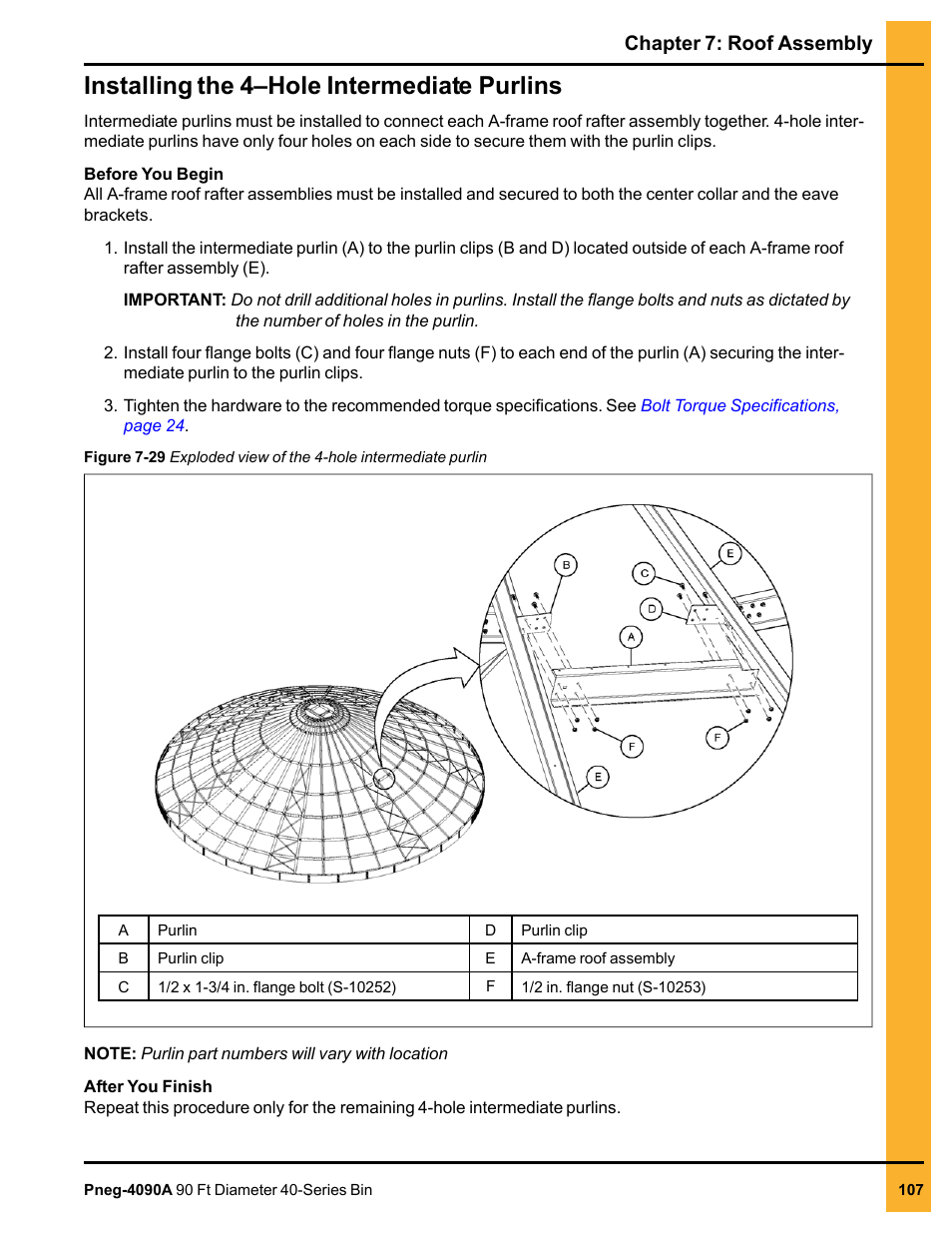 Installing the 4–hole intermediate purlins, Chapter 7: roof assembly | Grain Systems Tanks PNEG-4090A User Manual | Page 107 / 166