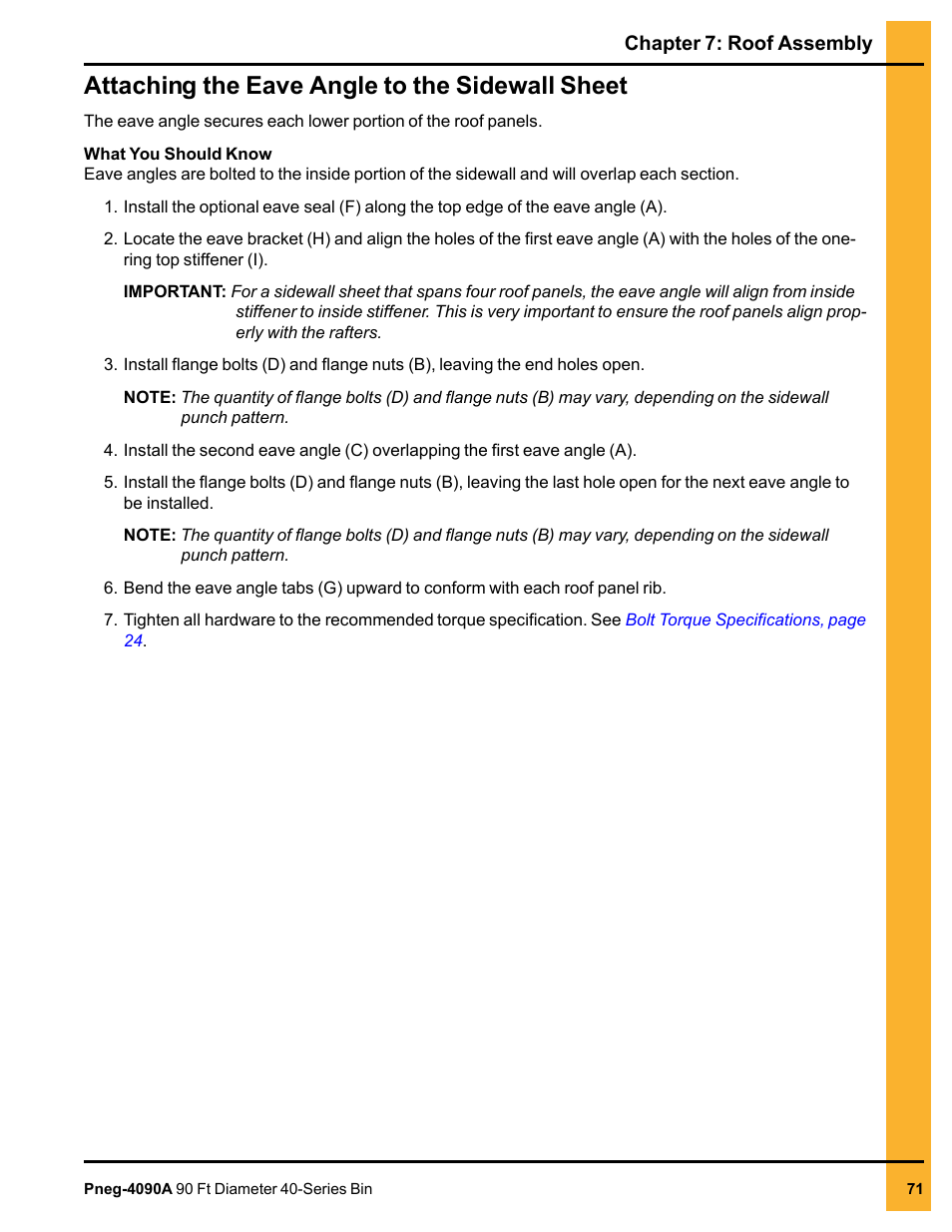 Attaching the eave angle to the sidewall sheet | Grain Systems Tanks PNEG-4090A User Manual | Page 71 / 166