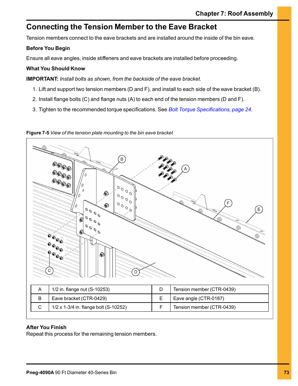 Connecting the tension member to the eave bracket, Chapter 7: roof assembly | Grain Systems Tanks PNEG-4090A User Manual | Page 73 / 166