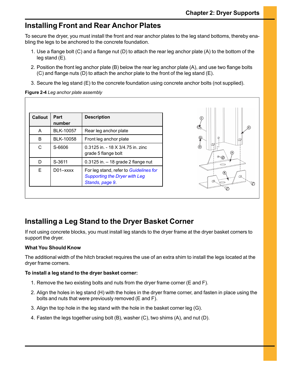 Installing front and rear anchor plates, Installing a leg stand to the dryer basket corner, Chapter 2: dryer supports | Grain Systems PNEG-546 User Manual | Page 11 / 26