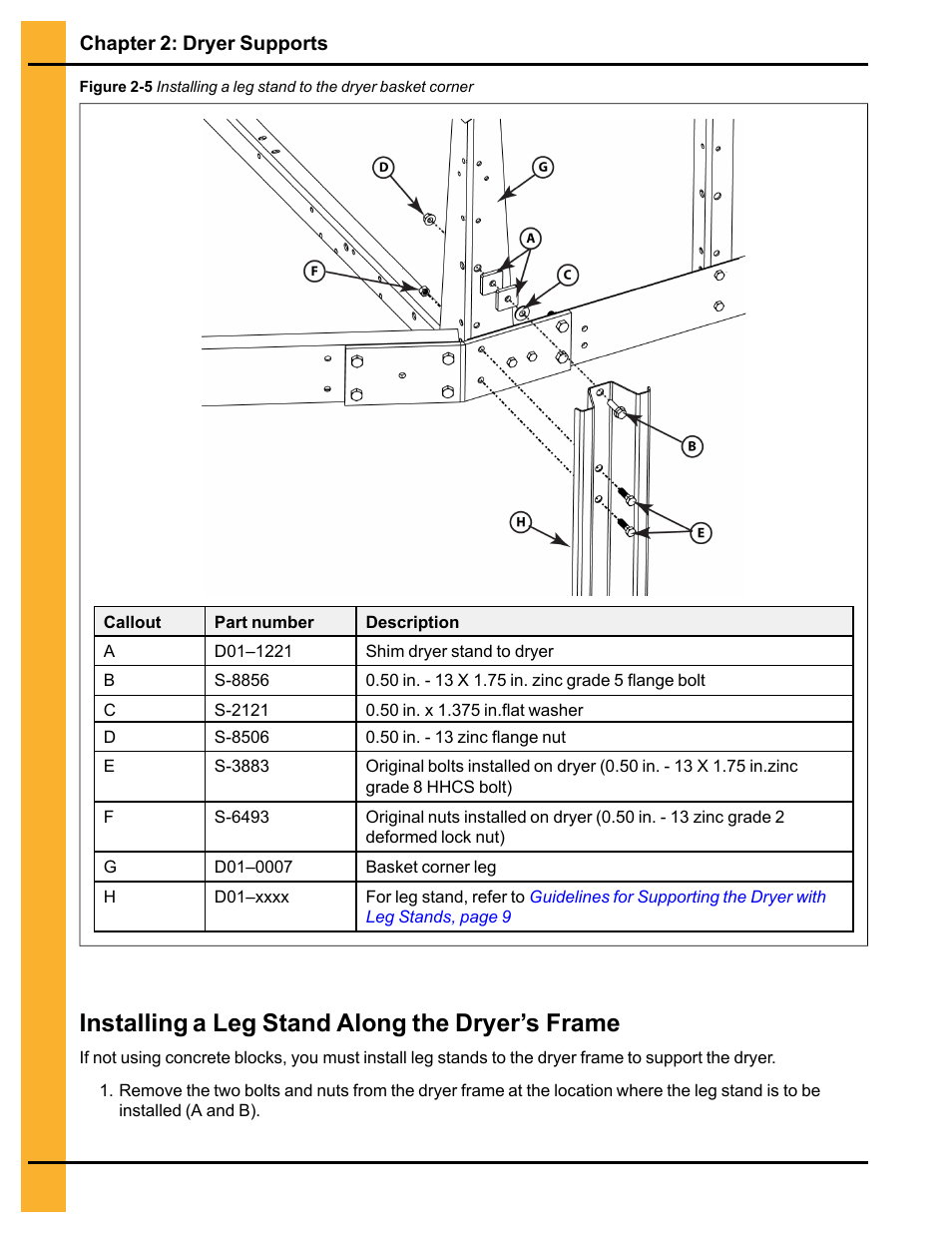 Installing a leg stand along the dryer’s frame | Grain Systems PNEG-546 User Manual | Page 12 / 26