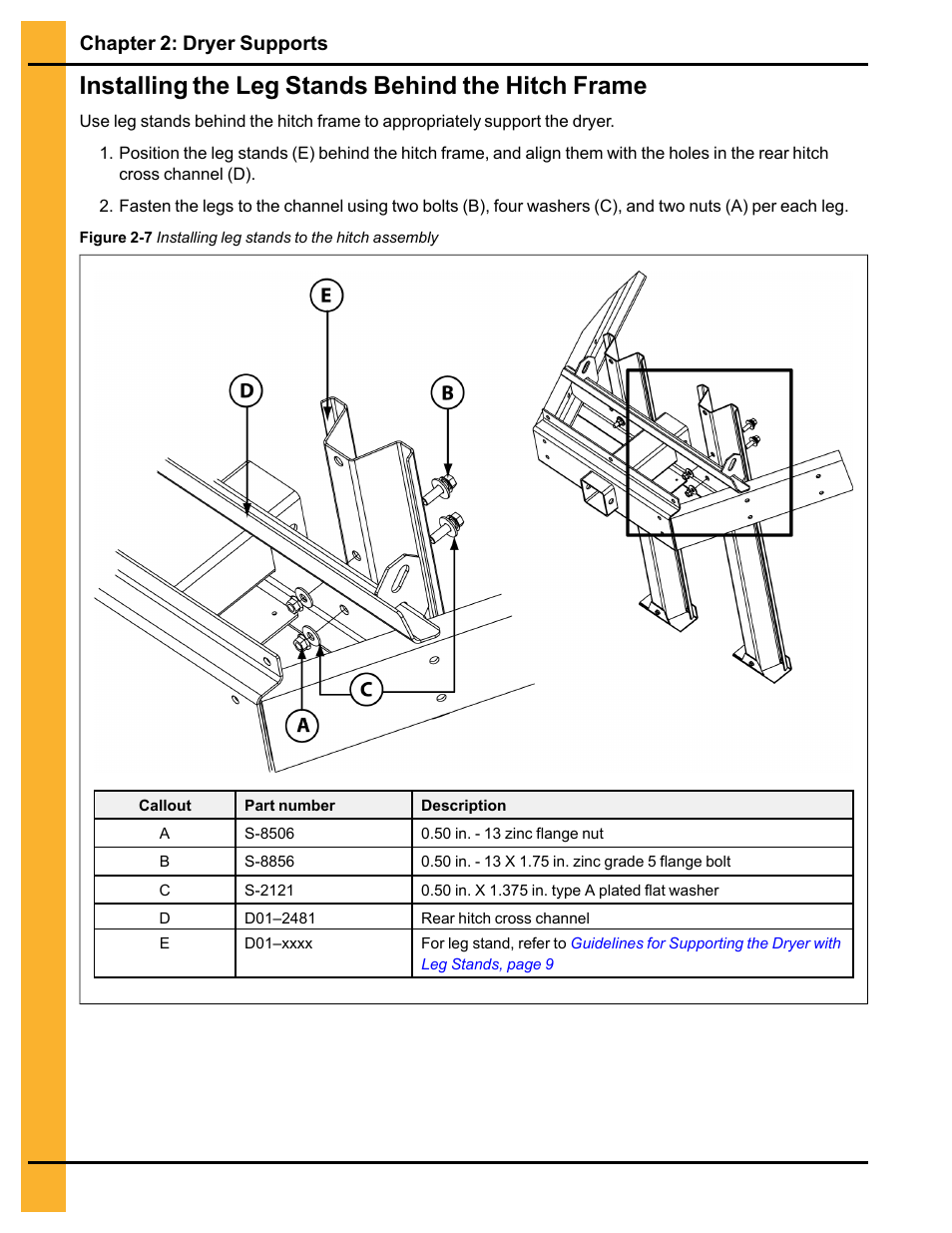 Installing the leg stands behind the hitch frame, Chapter 2: dryer supports | Grain Systems PNEG-546 User Manual | Page 14 / 26