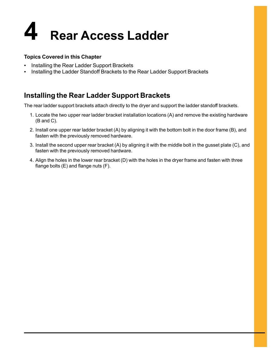 Chapter 4 rear access ladder, Installing the rear ladder support brackets, Chapter 4 | Rear access ladder | Grain Systems PNEG-546 User Manual | Page 21 / 26