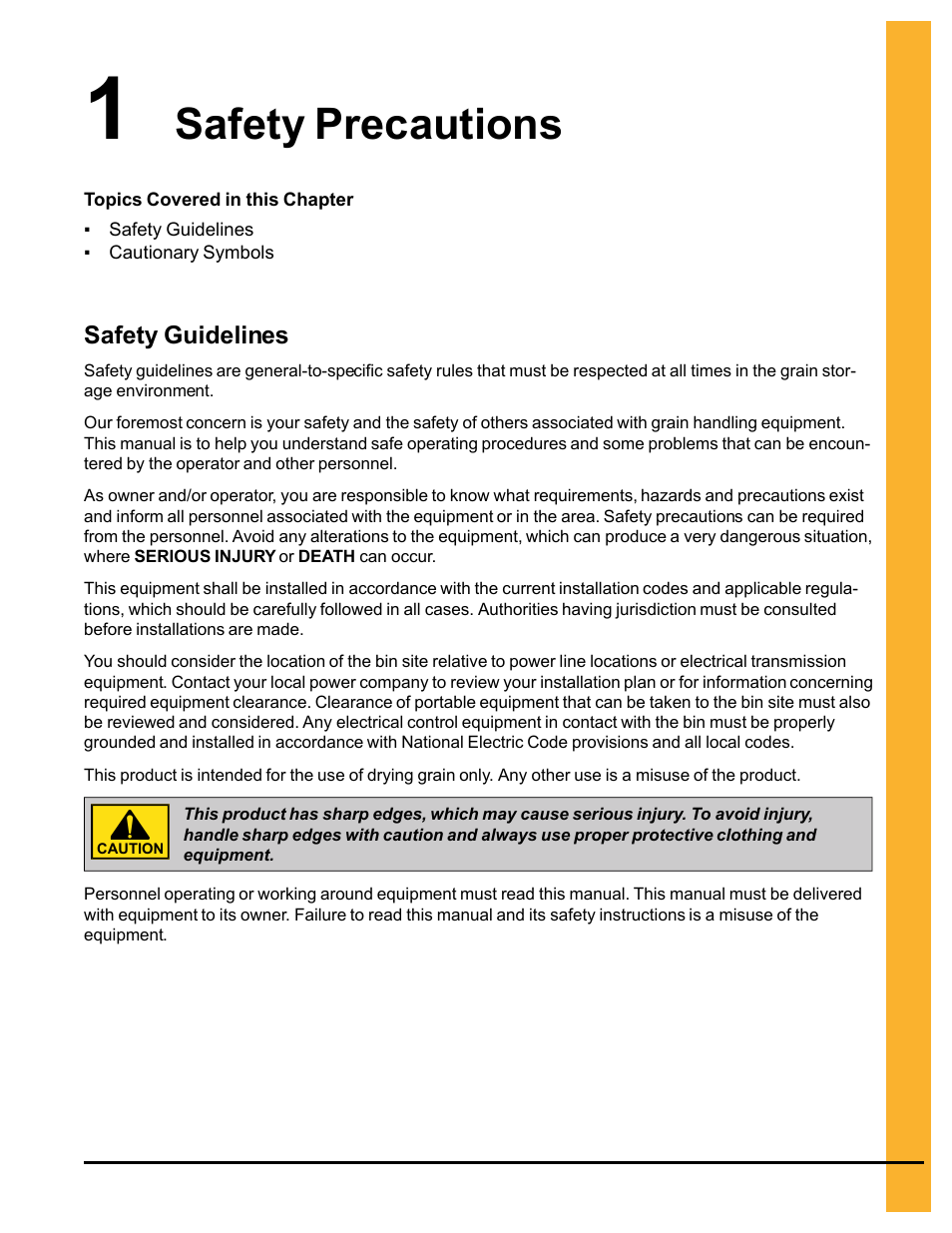 Chapter 1 safety precautions, Safety guidelines, Chapter 1 | Safety precautions safety guidelines, Safety precautions | Grain Systems PNEG-546 User Manual | Page 5 / 26