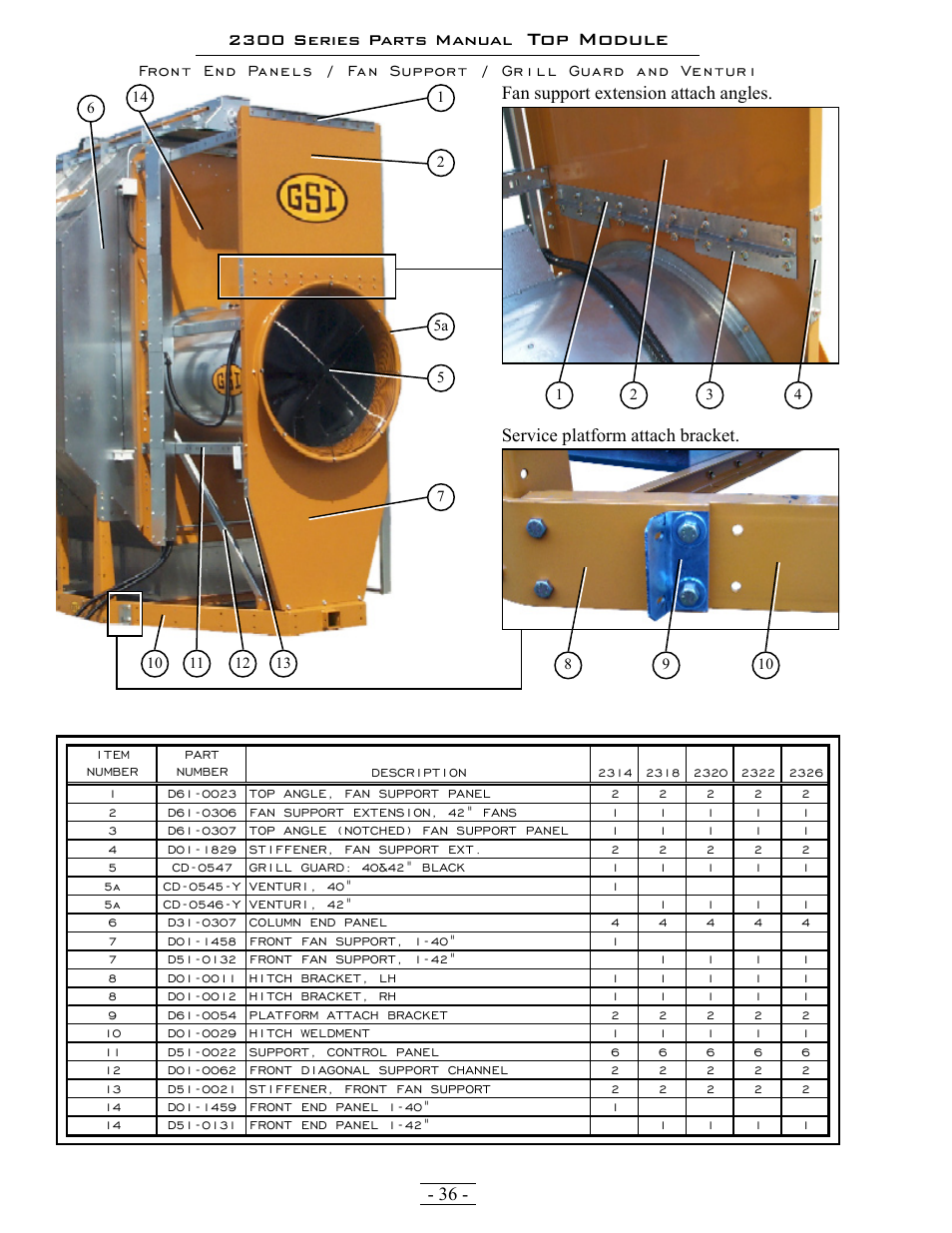 Top module, 2300 series parts manual, Fan support extension attach angles | Grain Systems PNEG-1376 User Manual | Page 36 / 88