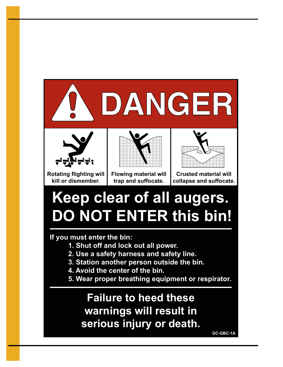 Keep clear of all augers. do not enter this bin | Grain Systems Tanks PNEG-1095 User Manual | Page 12 / 76