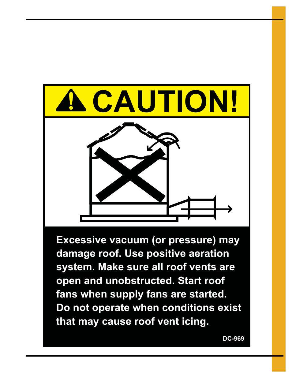 Decals, Chapter 3 decals, Roof damage warning and disclaimer | Caution | Grain Systems Bin Accessories PNEG-1840 User Manual | Page 9 / 32