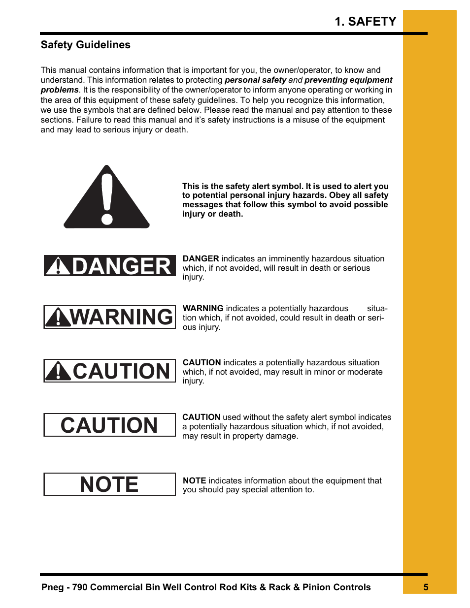 Safety, Chapter 1 safety, Safety guidelines | Danger | Grain Systems Unload Augers PNEG-790 User Manual | Page 5 / 18