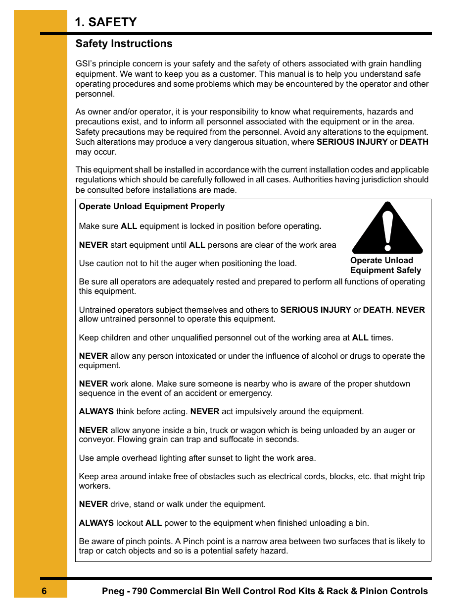 Safety instructions, Safety | Grain Systems Unload Augers PNEG-790 User Manual | Page 6 / 18