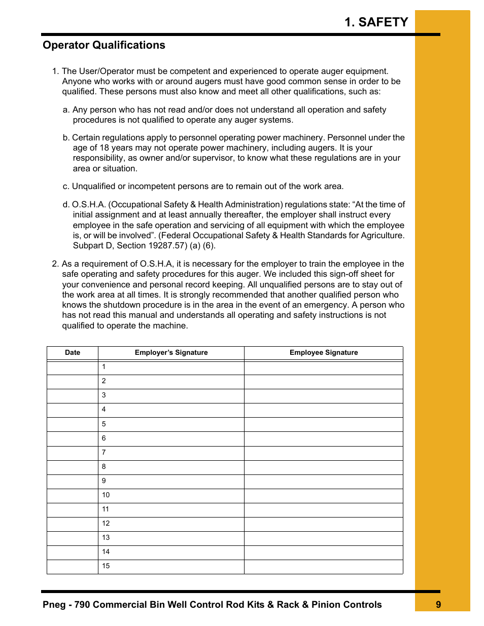 Operator qualifications, Safety | Grain Systems Unload Augers PNEG-790 User Manual | Page 9 / 18