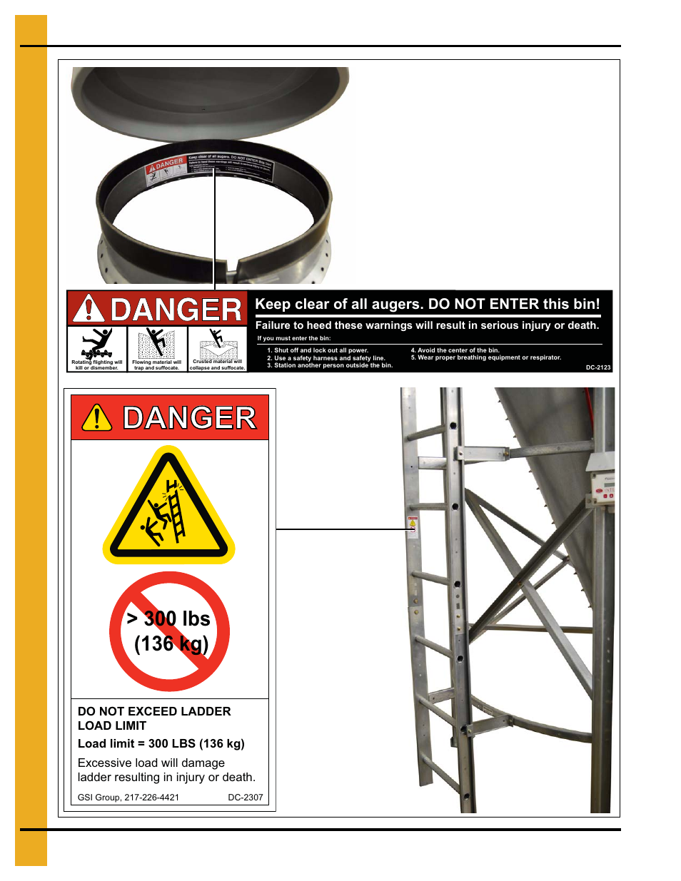 Decals, Chapter 3 decals, Danger | Keep clear of all augers. do not enter this bin | Grain Systems Tanks PNEG-1461 User Manual | Page 12 / 124