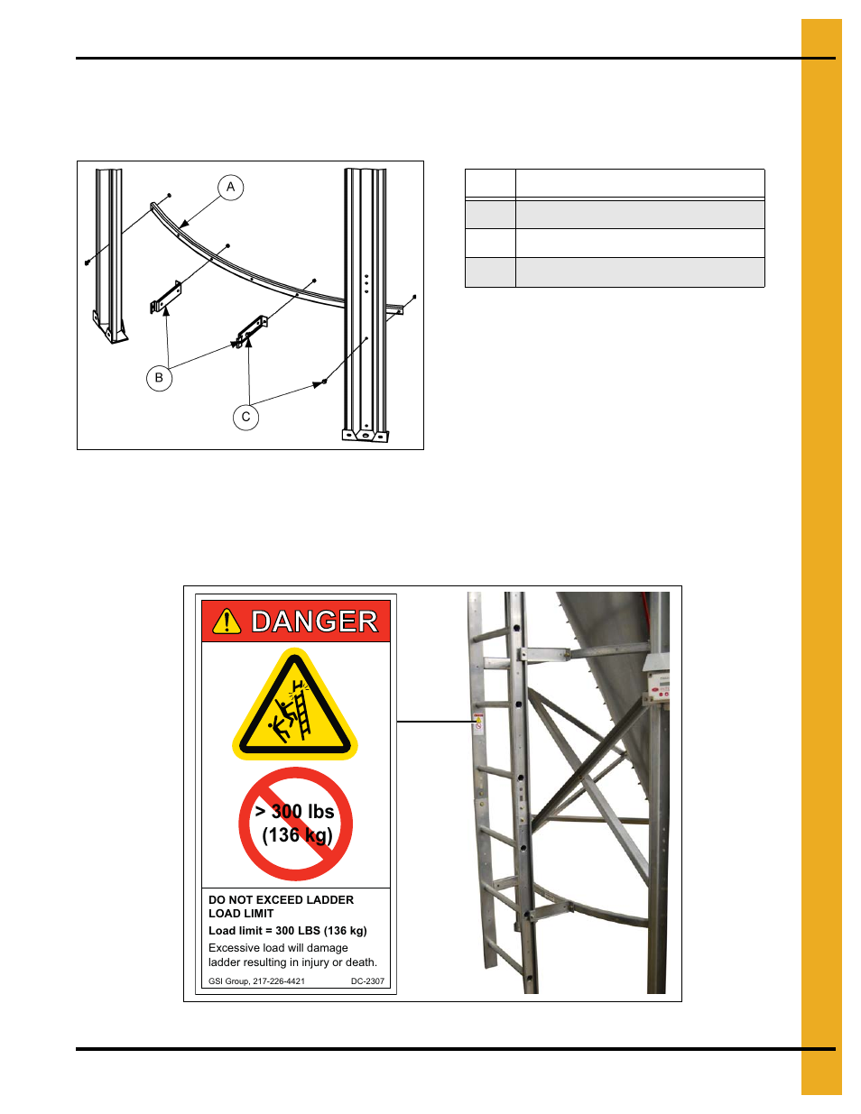 Ladder support detail ladder decal application, Danger, Ladder support detail | Ladder decal application, Optional bft ladder assembly | Grain Systems Tanks PNEG-1461 User Manual | Page 51 / 124