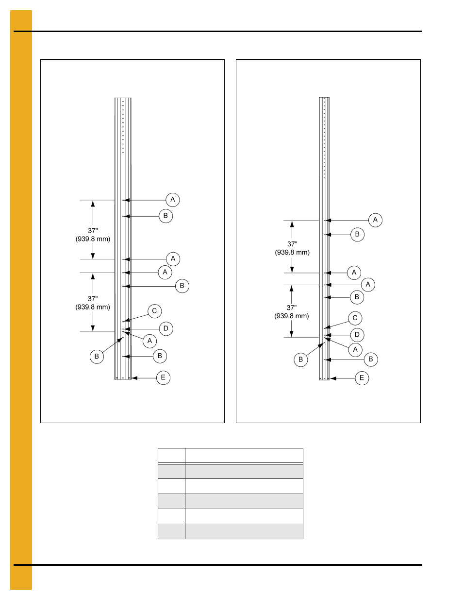 Bracing hole layouts (continued), Legs and leg bracing | Grain Systems Tanks PNEG-1461 User Manual | Page 88 / 124