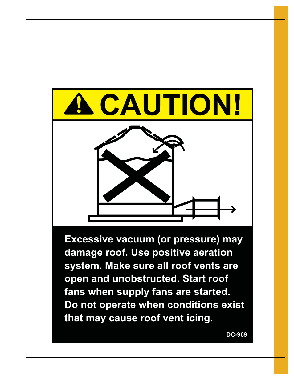 Safety decals, Chapter 2 safety decals, Roof damage warning and disclaimer | Caution | Grain Systems Bin Accessories PNEG-1740 User Manual | Page 9 / 22