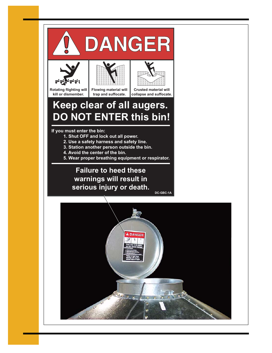 Keep clear of all augers. do not enter this bin, Decals | Grain Systems Tanks PNEG-256 User Manual | Page 12 / 84