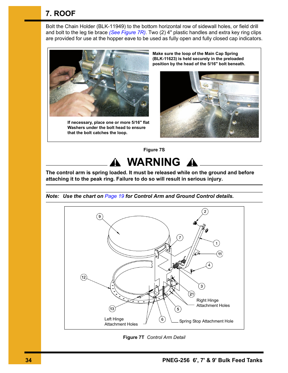 Control arm detail, Rol arm detail, See figure 7t | Warning, Roof | Grain Systems Tanks PNEG-256 User Manual | Page 34 / 84