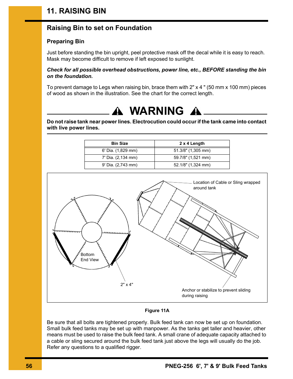 Chapter 11 raising bin, Raising bin to set on foundation, Warning | Raising bin | Grain Systems Tanks PNEG-256 User Manual | Page 56 / 84