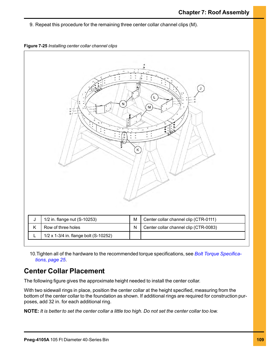 Center collar placement, Chapter 7: roof assembly | Grain Systems Tanks PNEG-4105A User Manual | Page 109 / 176