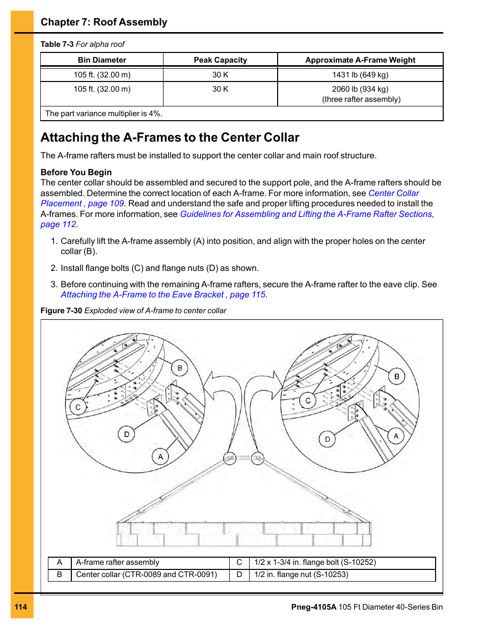 Attaching the a-frames to the center collar, Chapter 7: roof assembly | Grain Systems Tanks PNEG-4105A User Manual | Page 114 / 176