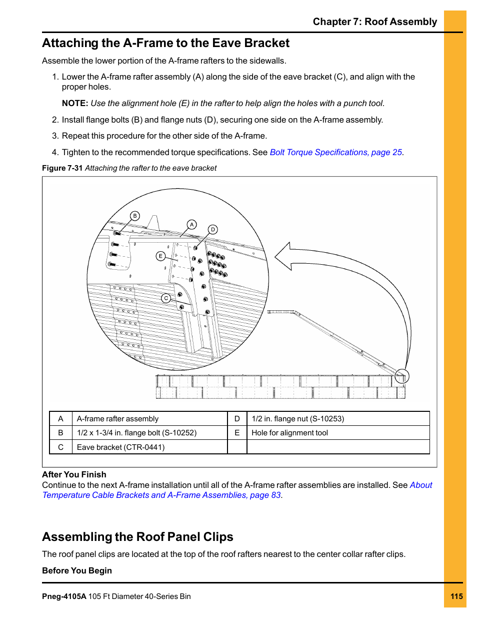 Attaching the a-frame to the eave bracket, Assembling the roof panel clips | Grain Systems Tanks PNEG-4105A User Manual | Page 115 / 176