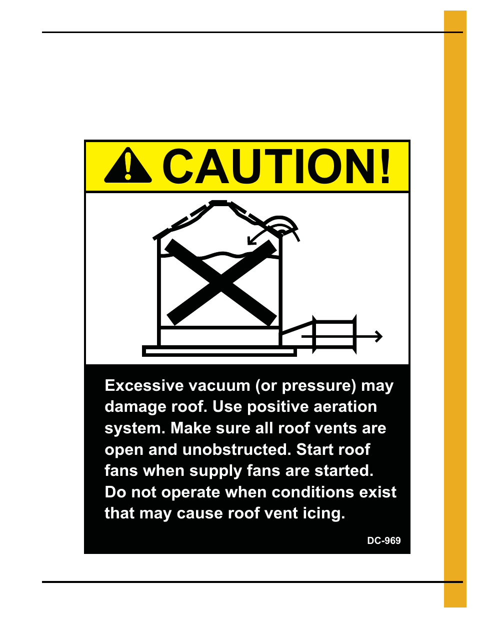 Safety decals, Chapter 3 safety decals, Roof damage warning and disclaimer | Caution | Grain Systems Bin Accessories PNEG-1360 User Manual | Page 11 / 24