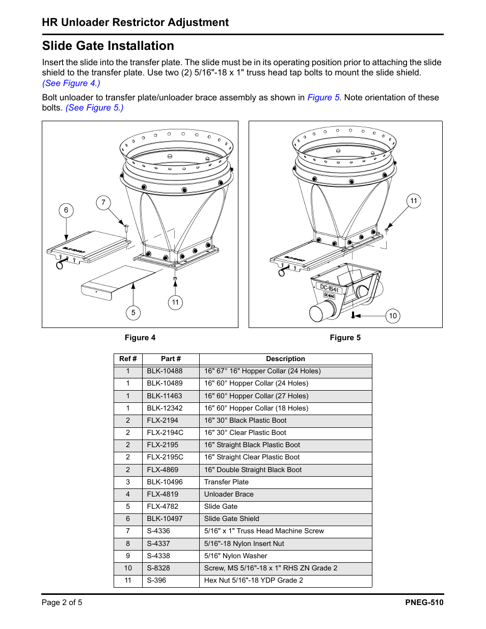 Slide gate installation, Hr unloader restrictor adjustment | Grain Systems Bin Accessories PNEG-510 User Manual | Page 2 / 5
