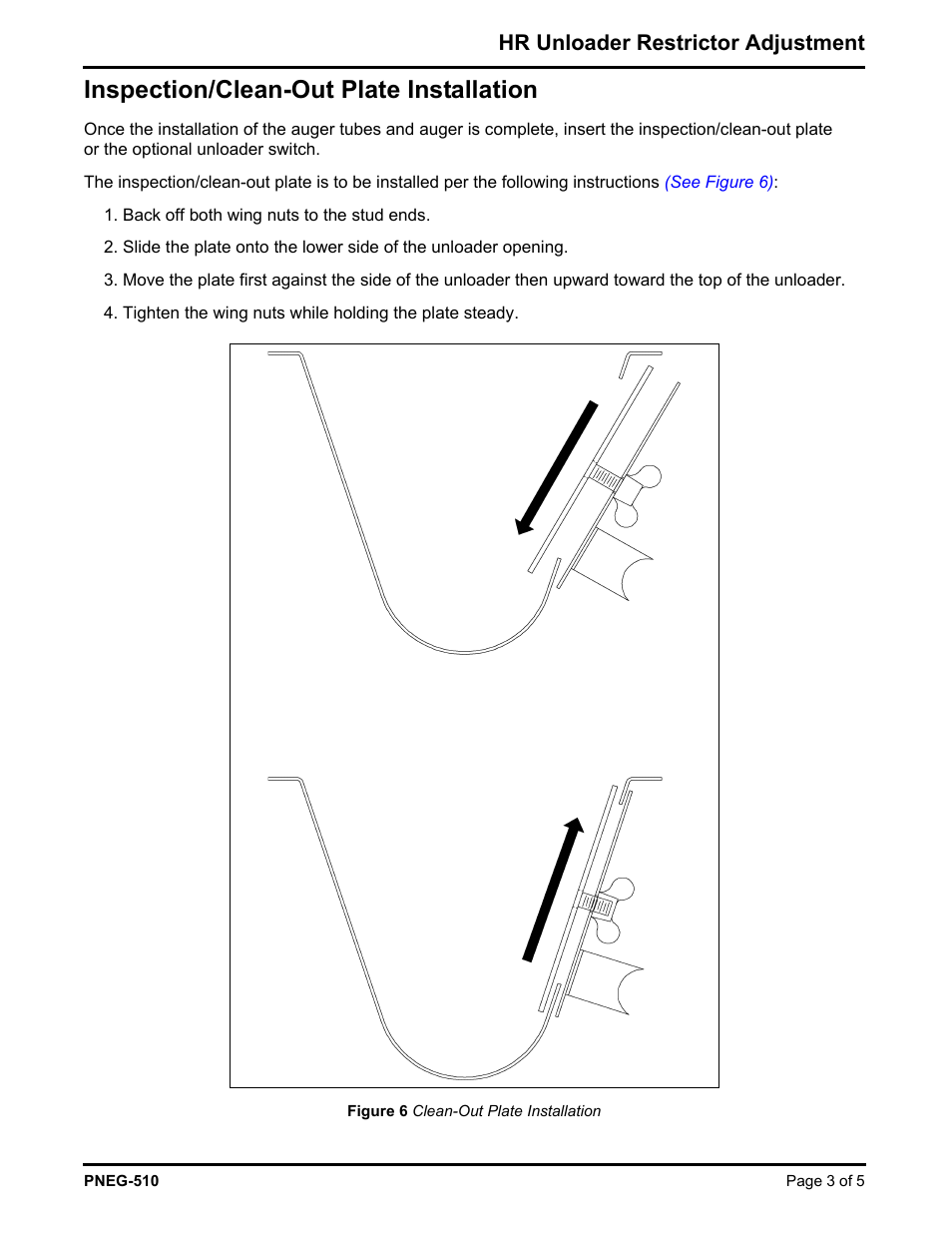 Inspection/clean-out plate installation, Hr unloader restrictor adjustment | Grain Systems Bin Accessories PNEG-510 User Manual | Page 3 / 5