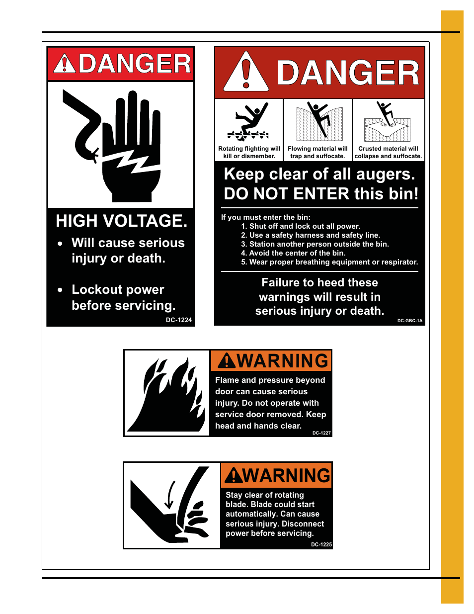 Warning, High voltage, Keep clear of all augers. do not enter this bin | Grain Systems PNEG-900 User Manual | Page 9 / 54