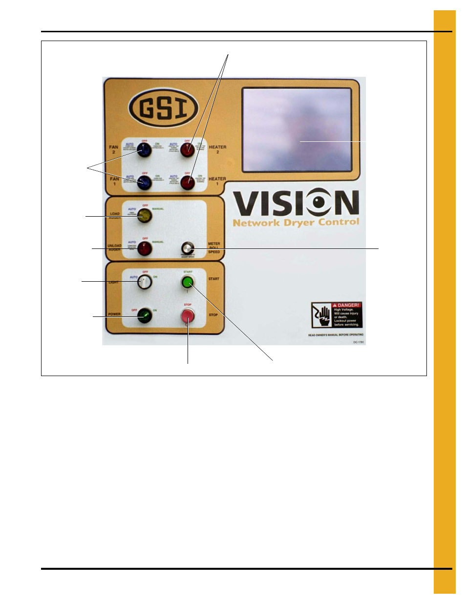 Vision control panel, Chapter 3 vision control panel, Control power switch stop button | Control power switch, Stop button | Grain Systems PNEG-1935 User Manual | Page 13 / 92