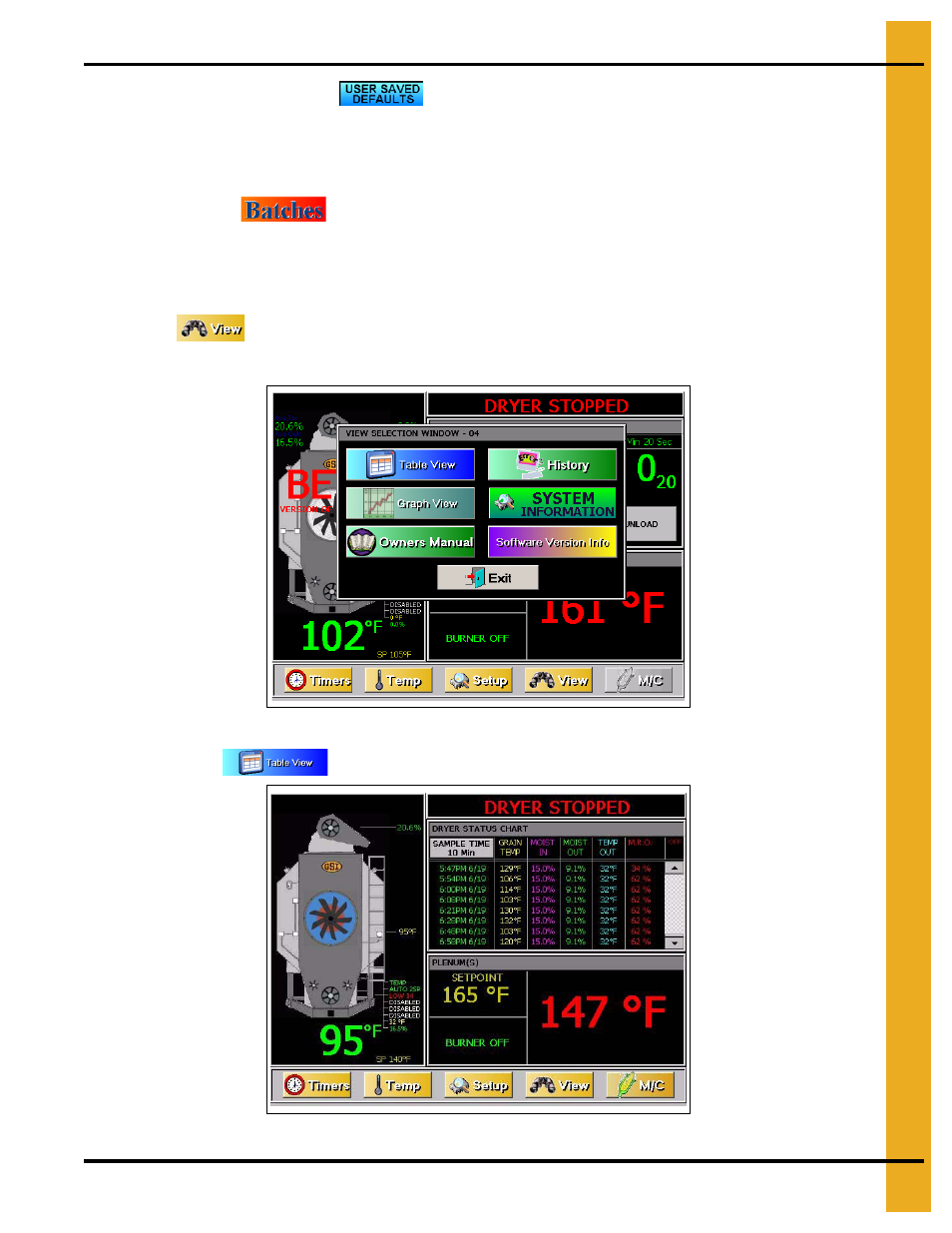 User saved defaults batches, View button, Table view | Grain Systems PNEG-1935 User Manual | Page 33 / 92