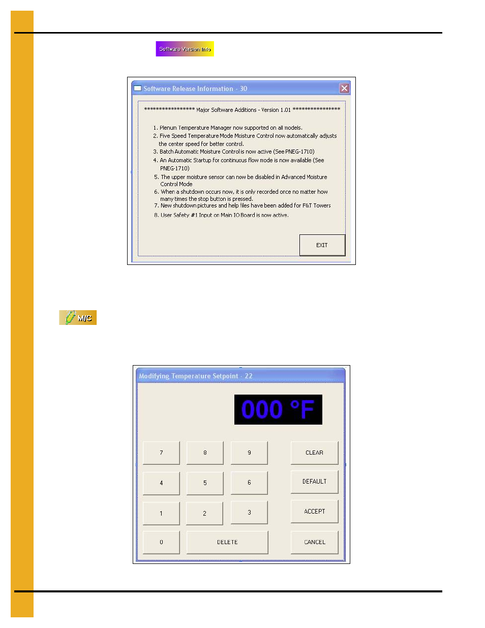Software version info, M/c button, Modifying temperature setpoint | Grain Systems PNEG-1935 User Manual | Page 36 / 92