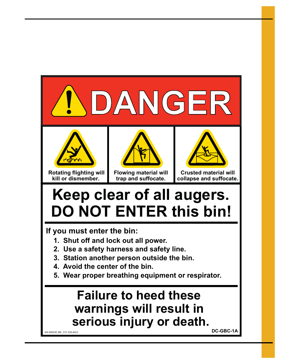 Danger, Keep clear of all augers. do not enter this bin | Grain Systems Tanks PNEG-4036 User Manual | Page 11 / 98