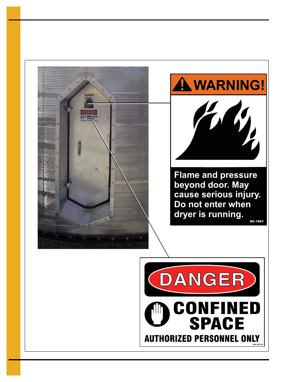 Safety decals # dc-1061 and 420-1473-8, Warning | Grain Systems PNEG-1708 User Manual | Page 12 / 76