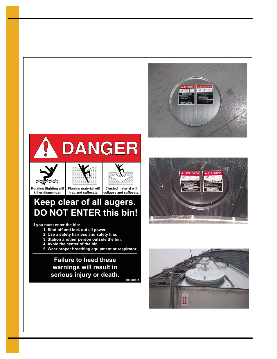 Safety decal # dc-gbc-1a, Keep clear of all augers. do not enter this bin, Location of decals | Safety decals | Grain Systems PNEG-1708 User Manual | Page 8 / 76