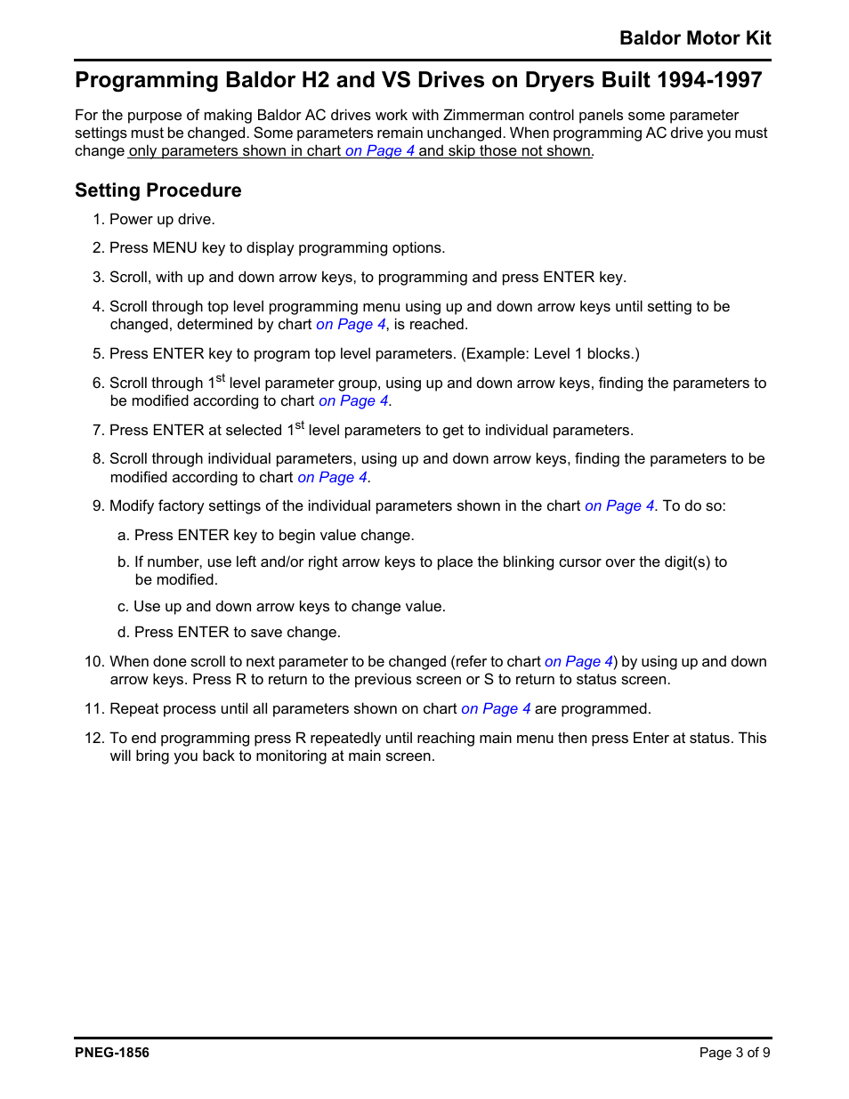 Baldor motor kit, Setting procedure | Grain Systems PNEG-1856 User Manual | Page 3 / 9